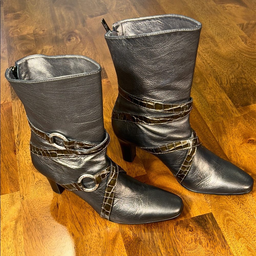 Brighton Black Heeled Boots with Croc-Embossed Straps